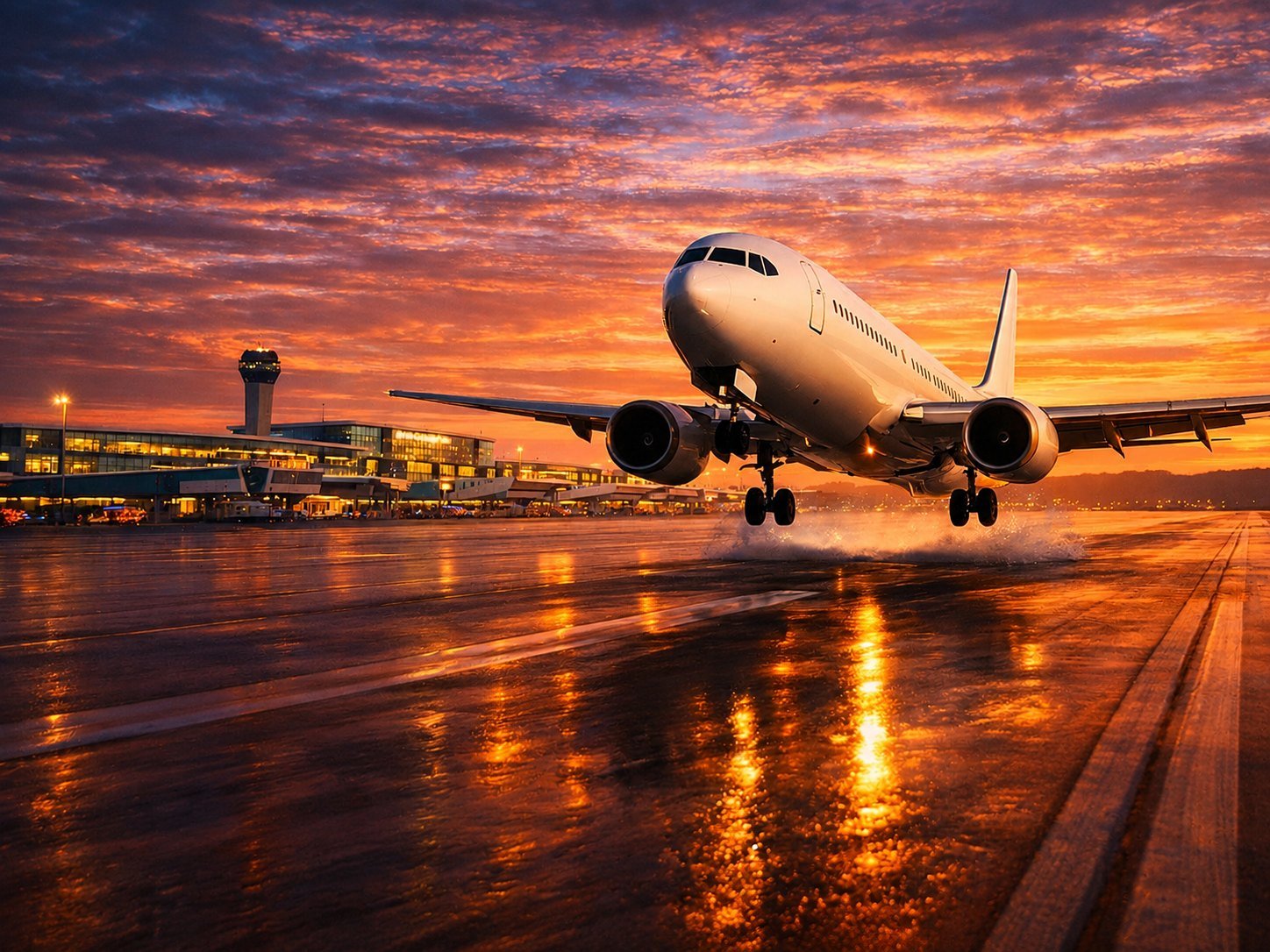 Aircraft taking off from a wet runway at sunset, representing airport transfer service