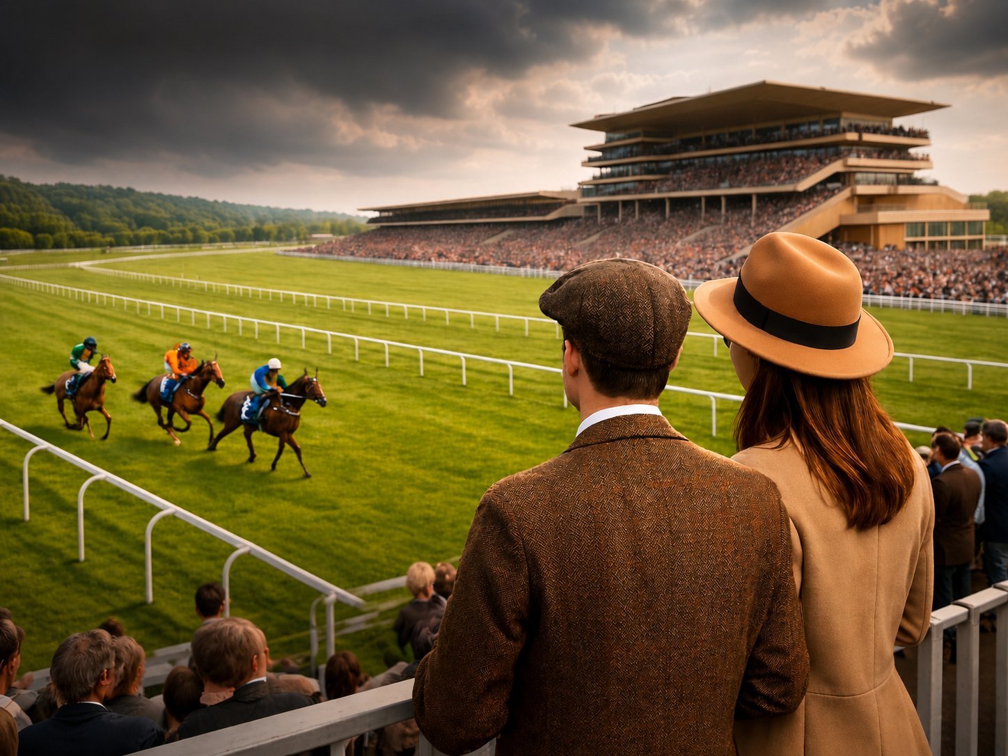 Racegoers in tweed and hats watching horses at Cheltenham Racecourse