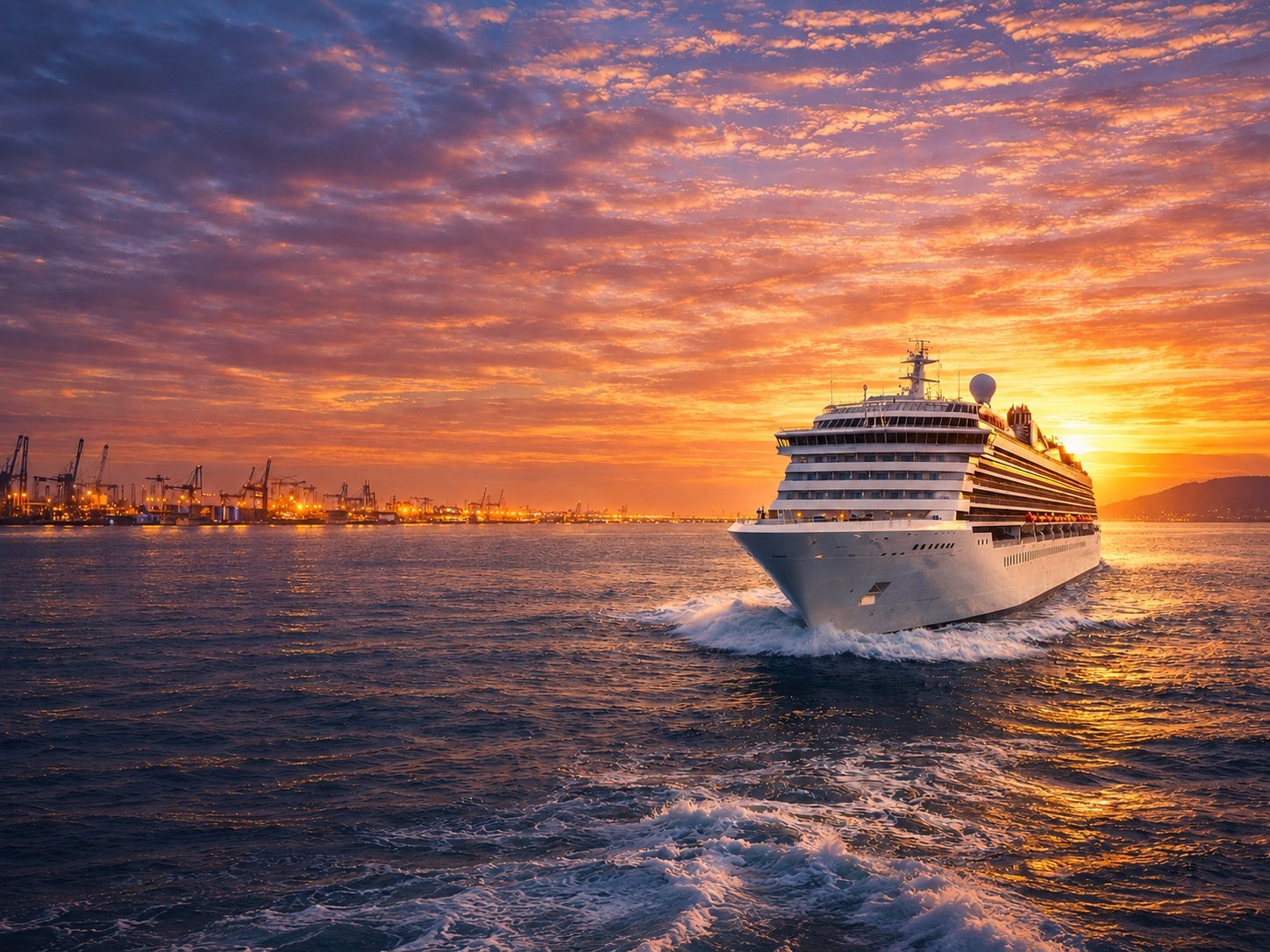 Cruise ship arriving into port at sunset, representing seaport transfer service