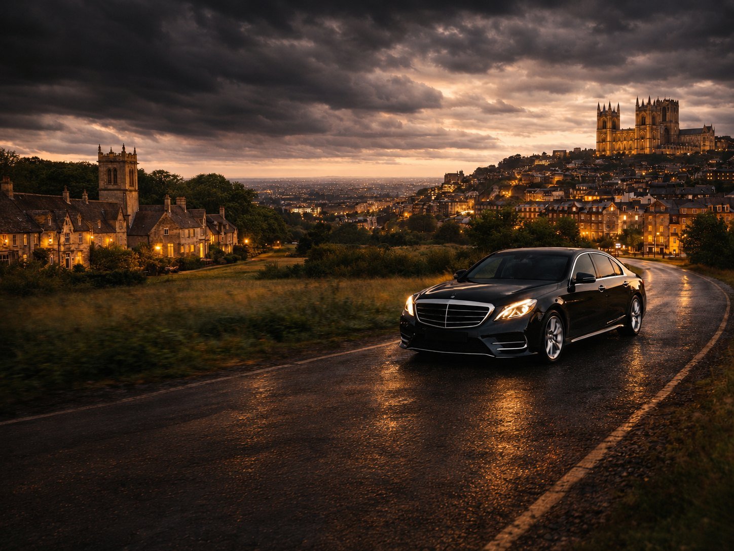 Black executive saloon on a hillside road at dusk with a floodlit cathedral and town below