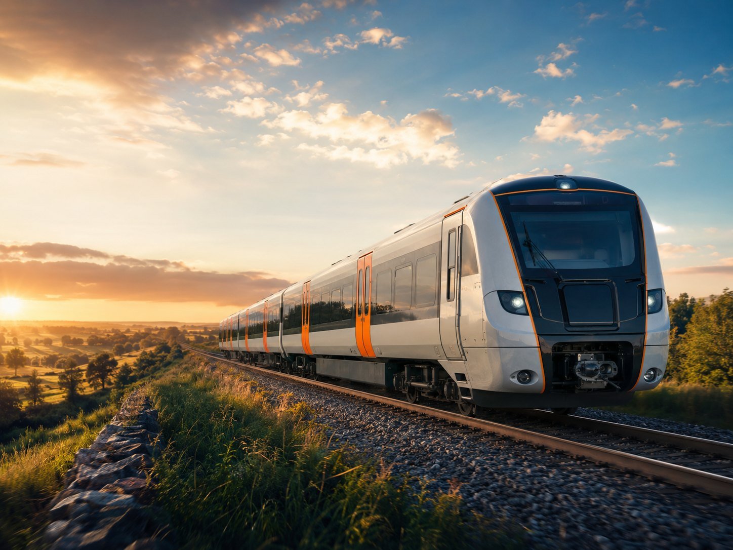 High-speed train crossing the countryside at sunset