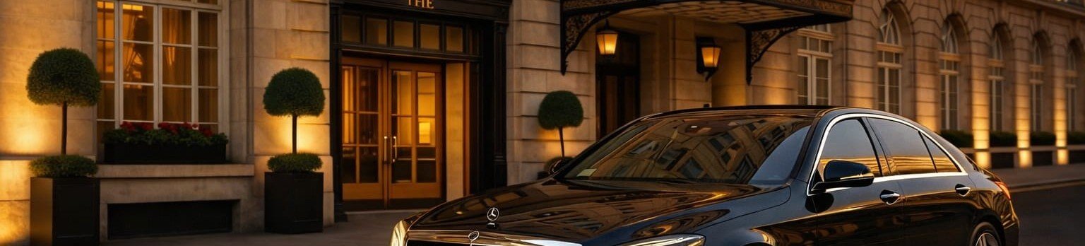 Black executive Mercedes-Benz S-Class outside a luxury hotel entrance