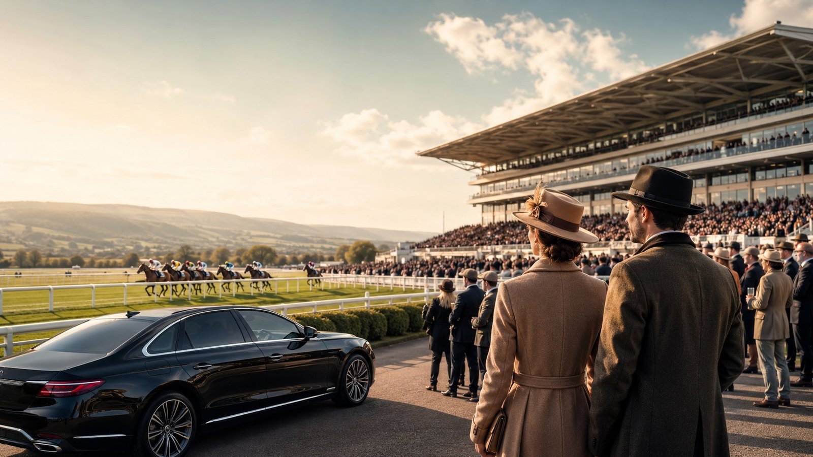 Chauffeur car parked trackside as racegoers in tweed and hats watch a race at Cheltenham Racecourse