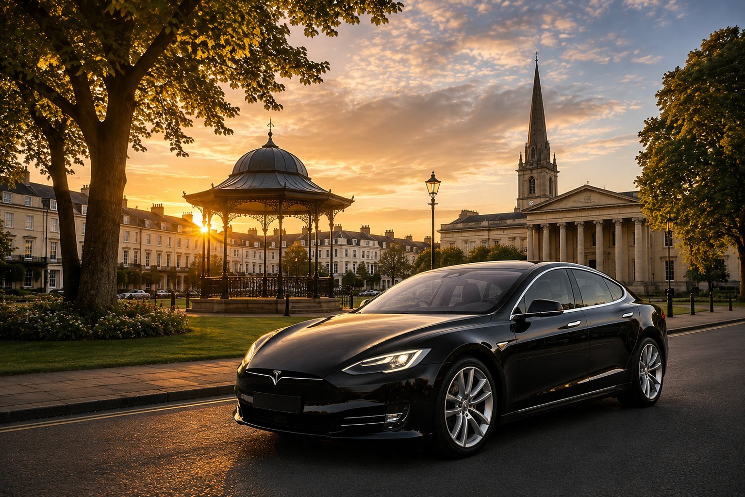 Black Tesla parked beside a Regency bandstand and church spire at golden hour